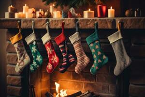 jul gåva strumpor hängande på de öppen spis med brand. ai genererad foto