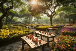 skön te trädgård, fylld med frodig grönska och färgrik blommar. de miljö är fredlig och lugn, mängd av smaker och blandningar tillgängligt. skönhet och lugn av natur. generativ ai foto