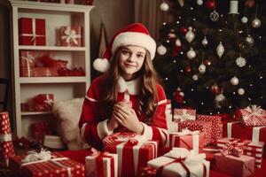 ung kvinna santa claus, klädd i henne ikoniska röd och vit kostym. de bakgrund vara en mysigt levande rum med en jul träd och en öppen spis. generativ ai foto