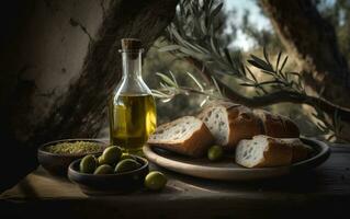 oliv olja flaska, sesam bröd, oliver i skål och oliv gren på rustik trä- tabell med oliv träd i bakgrund. generativ ai foto