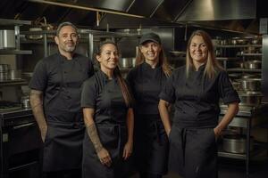 reklam porträtt skott av en cheff team stående tillsammans i en restaurang kök och de se på de kamera. generativ ai. foto