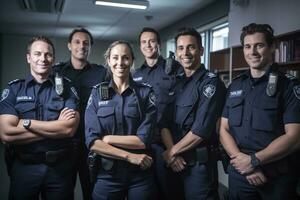 reklam porträtt skott av en polis officer team stående tillsammans i de polis station och de se på de kamera. generativ ai. foto