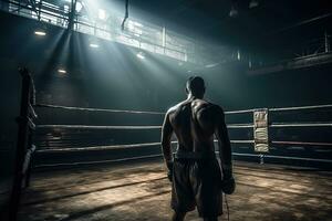 tillbaka se av boxare Träning på de ringa i en gammal Gym. generativ ai foto