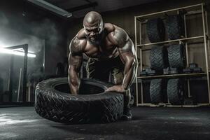 kroppsbyggare vända tung däck i Gym. begrepp styrka övningar i de Gym. generativ ai foto
