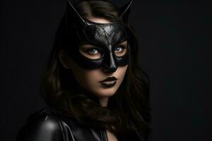 porträtt av sexig glamour kvinna i en svart läder katt mask. generativ ai foto