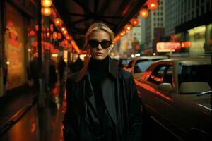 en blond femme fatale klädd i en chic svart dike täcka och svart solglasögon, strutting självsäkert ner en neonbelyst urban gata. generativ ai foto