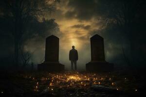 en kraftfull bild av en ensam figur stående i främre av en gravsten, reflekterande på minnen och känslor, symboliserar de resa av sorg. generativ ai foto