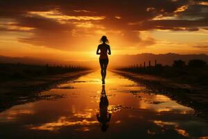 en silhuett av en joggare löpning på soluppgång, illustrerar de tillägnande och disciplin av tidigt morgon- träningspass. generativ ai foto
