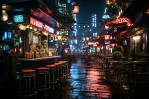 ett urban gata scen med lysande neon lampor, förmedla de vibrerande energi av en stad nattliv. generativ ai foto