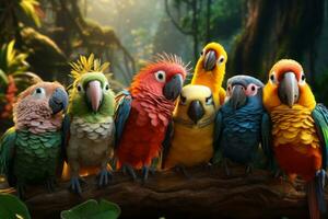 färgrik och exotisk papegojor, kakaduor Justerat i en fängslande rad, visa upp deras vibrerande fjäderdräkt. generativ ai foto