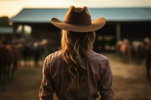 ung kvinna jordbrukare arbetssätt med hästar på henne ranch. generativ ai foto