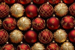 en elegant röd och guld jul ornament anordnad i en visuellt behaglig mönster, tillsats en Rör av raffinemang och värme till webb banderoller bakgrund. generativ ai foto