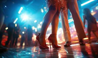 nostalgisk diskotek fashionistas strutting deras grejer på en glittrande dansa golv. generativ ai foto