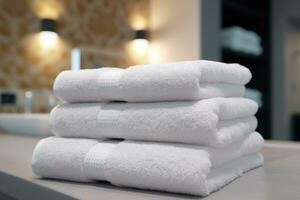 en vit frotté handduk är liggande i de hotell. ai genererad foto
