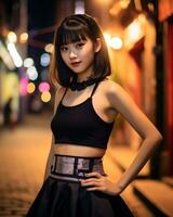 skön asiatisk flicka på trandy tillfällig utrusta ai generativ foto