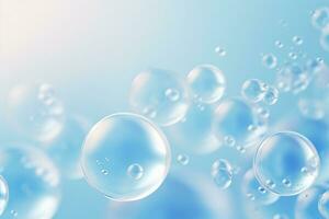 stänga upp av vatten med bubblor på en blå bakgrund för kosmetisk bakgrund.skapad med generativ ai teknologi. foto