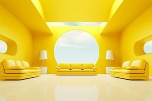 futurism gul levande rum med kopia med soffa och växter Plats i de framtid.skapad med generativ ai teknologi. foto
