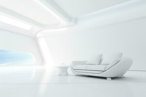 futurism vit levande rum med kopia med soffa och växter Plats i de framtid.skapad med generativ ai teknologi. foto