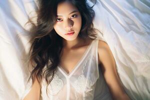 asiatisk flicka utsöndrar henne naturlig skönhet i de tidigt morgon- ai generativ foto