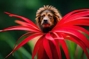 en hund är kikar ut från en röd blomma. ai-genererad foto