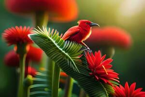 en röd fågel är uppflugen på topp av några blommor. ai-genererad foto
