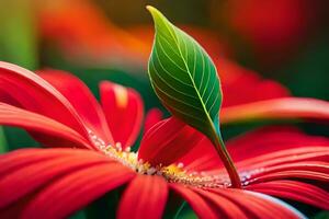 röd blomma med grön blad. ai-genererad foto