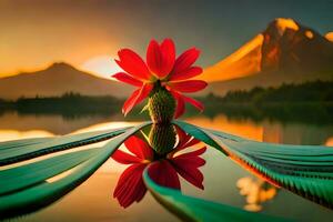 en röd blomma är reflekterad i de vatten på solnedgång. ai-genererad foto