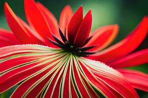 en stänga upp av en röd blomma med grön löv. ai-genererad foto