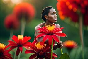 en skön kvinna är omgiven förbi röd blommor. ai-genererad foto