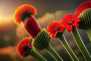 röd blommor är i en vas med en Sol miljö Bakom dem. ai-genererad foto