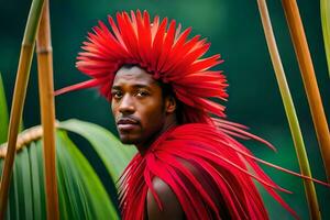 en man bär en röd fjäder huvudbonad i de djungel. ai-genererad foto