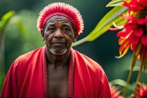 ett afrikansk man i en röd morgonrock står i främre av några blommor. ai-genererad foto