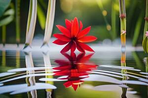 en röd blomma är reflekterad i vatten. ai-genererad foto