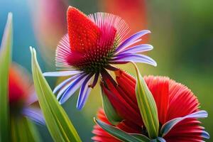 en stänga upp av en blomma med röd och blå kronblad. ai-genererad foto