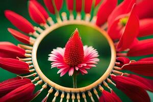 en röd blomma är i en cirkulär ram med en grön bakgrund. ai-genererad foto