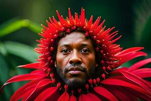 en man med röd blommor på hans huvud. ai-genererad foto
