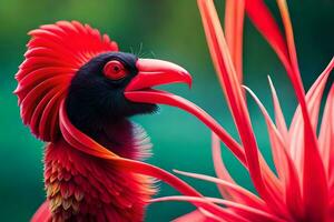 en röd fågel med en lång näbb och röd fjädrar. ai-genererad foto