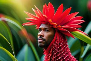 en man bär en blomma huvudbonad i de djungel. ai-genererad foto