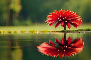 en röd blomma är reflekterad i de vatten. ai-genererad foto