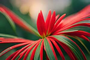 röd blomma med grön löv i de bakgrund. ai-genererad foto