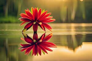 en röd blomma är reflekterad i de vatten. ai-genererad foto