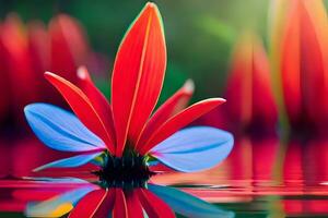 en röd och blå blomma är reflekterad i vatten. ai-genererad foto