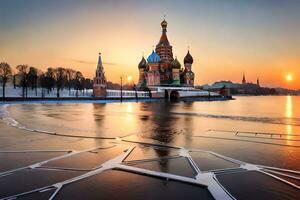 de Sol uppsättningar över de kreml och de röd fyrkant. ai-genererad foto