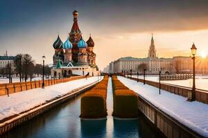 de Sol uppsättningar över de moskva flod och de katedral. ai-genererad foto