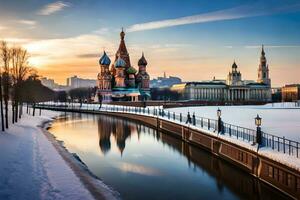 de kreml och de moskva flod på solnedgång. ai-genererad foto