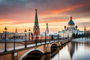 de kreml och kreml bro på solnedgång. ai-genererad foto