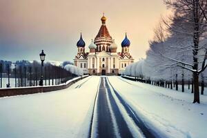 en snöig väg leder till en kyrka i de mitten av en snöig fält. ai-genererad foto