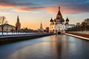 de kreml och de kreml flod på solnedgång. ai-genererad foto