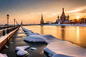 de Sol uppsättningar över de kremenchug flod i Moskva, Ryssland. ai-genererad foto