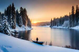 en man står på en snö täckt Bank nära en flod. ai-genererad foto